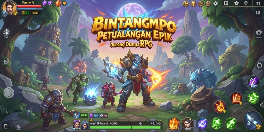 Tangkapan layar utama BINTANGMPO menampilkan aksi pertempuran yang seru dalam dunia RPG.