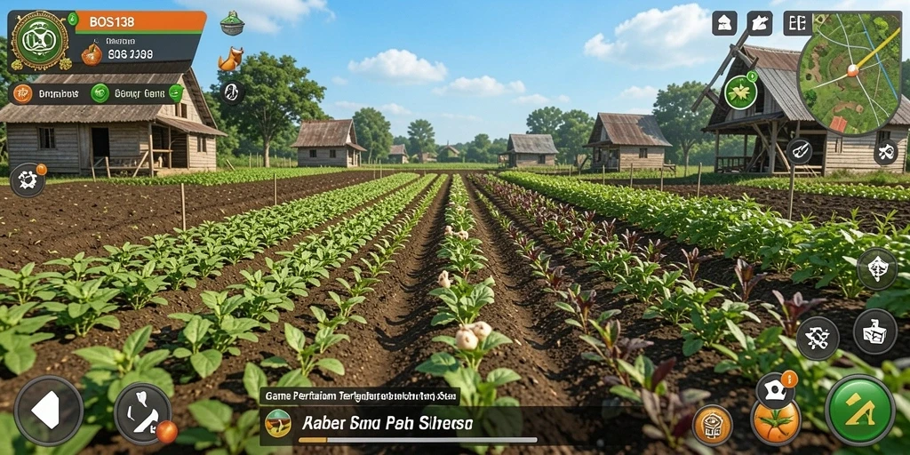 Screenshot gameplay <strong>BOS138</strong> menampilkan ladang yang luas dengan tanaman hijau subur dan hewan peliharaan.