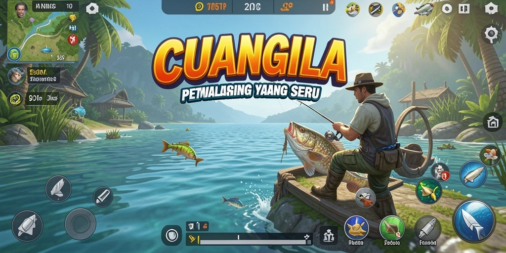 Tampilan gameplay CUANGILA yang menggembirakan saat memancing ikan.