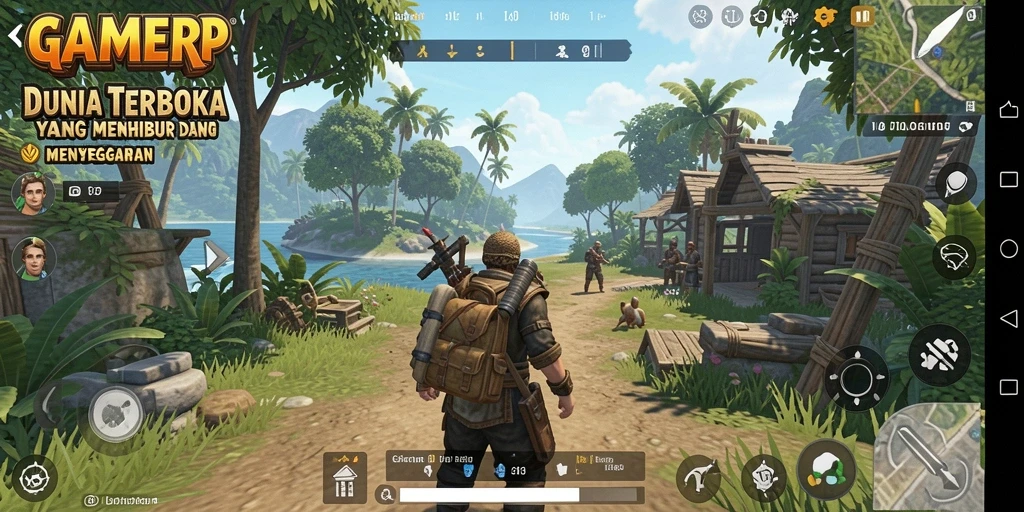 Screenshot gameplay GAMERP menampilkan petualangan di dunia terbuka yang luas.