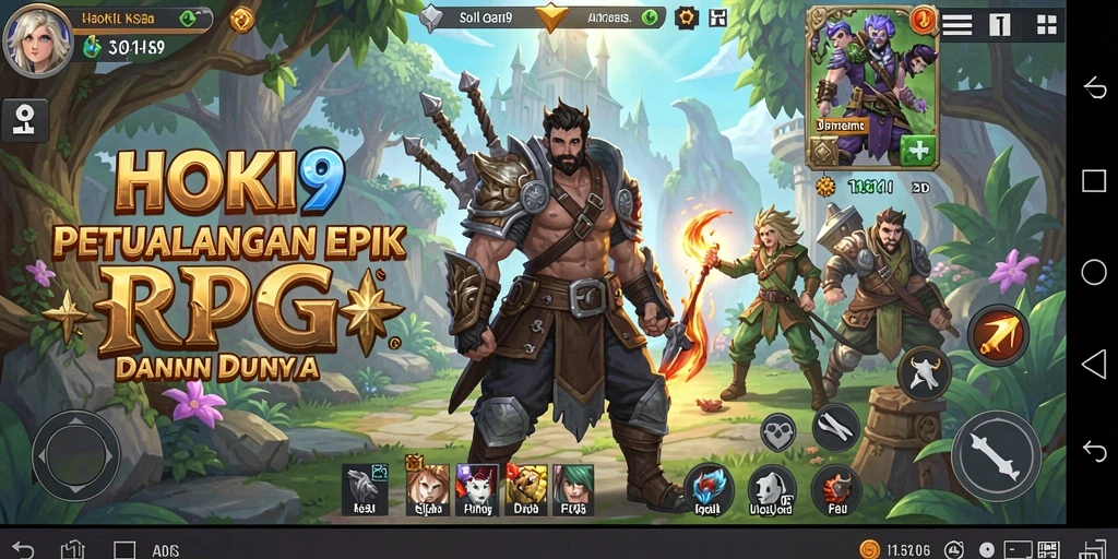Screenshot gameplay HOKI9 menunjukkan pertarungan epik dalam dunia RPG.