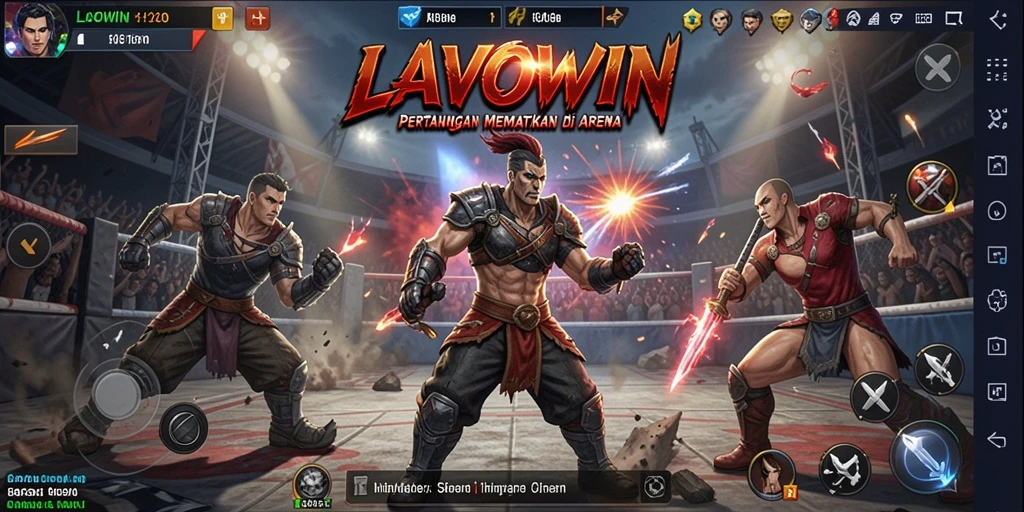 Tampilan gameplay LAVOWIN dengan pertarungan yang intens.