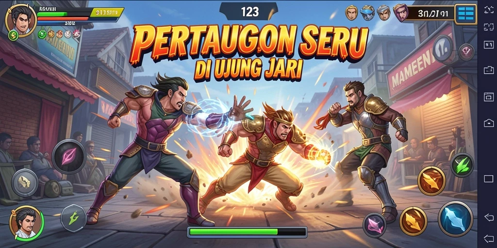 Tangkapan layar gameplay MAMEN123 dengan pertarungan seru antar karakter.