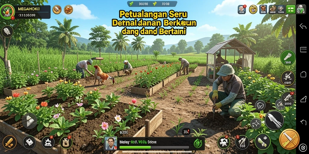 Screenshoot gameplay MEGAHOKI yang menunjukkan aktivitas bertani yang menyenangkan.