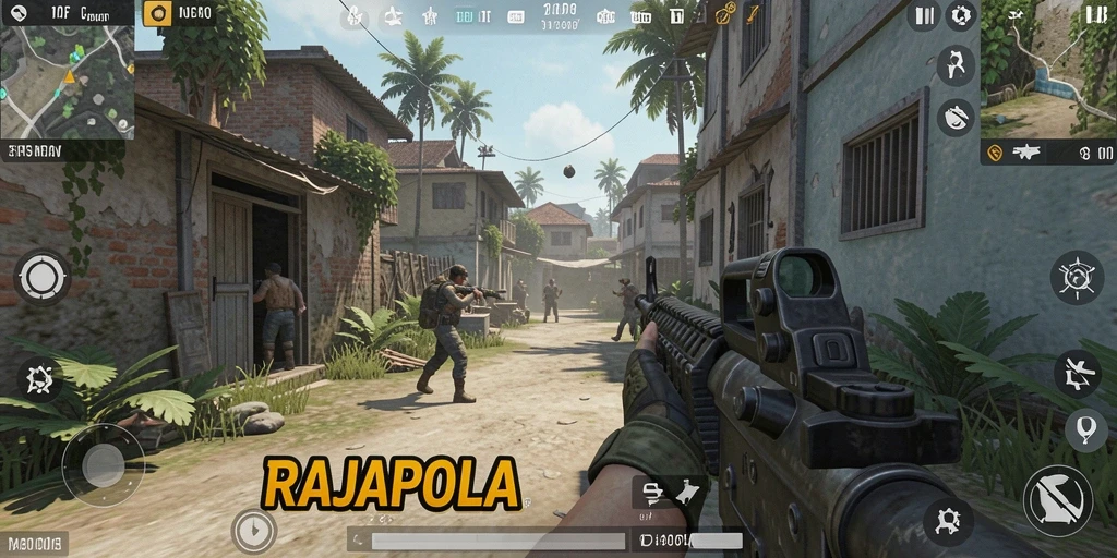 Tangkapan layar utama RAJAPOLA menampilkan aksi pertempuran FPS yang mendebarkan.