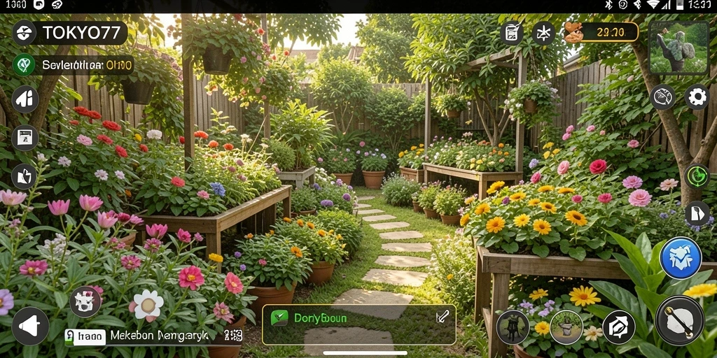 Tampilan gameplay TOKYO77 dengan kegiatan berkebun yang interaktif.