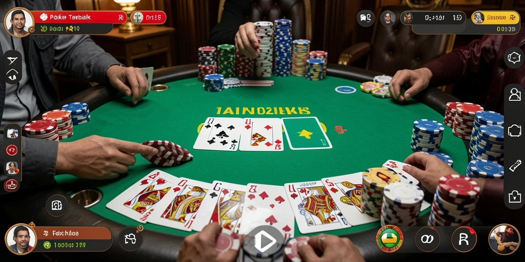 Tampilan gameplay Poker yang menegangkan dari V21 dengan berbagai kartu dan meja.