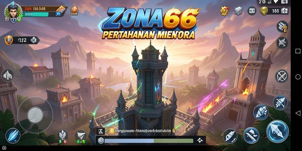 Tangkapan layar gameplay ZONA66 menampilkan menara yang kokoh melawan musuh yang menyerang.